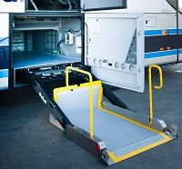 Motorised lifting platform to enable passengers in wheelchairs or with reduced mobility to access the bus.